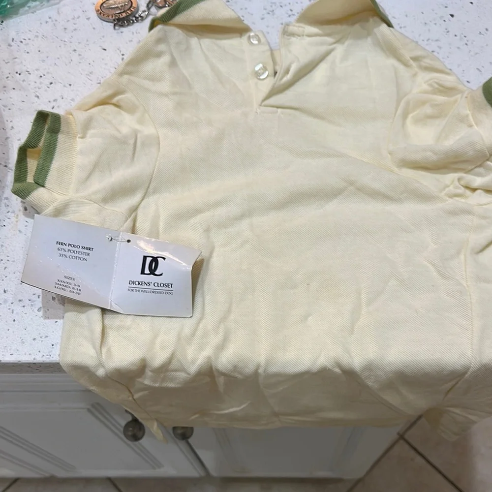 NWT Dickens’ Closet Cream and Green Dog Polo Shirt